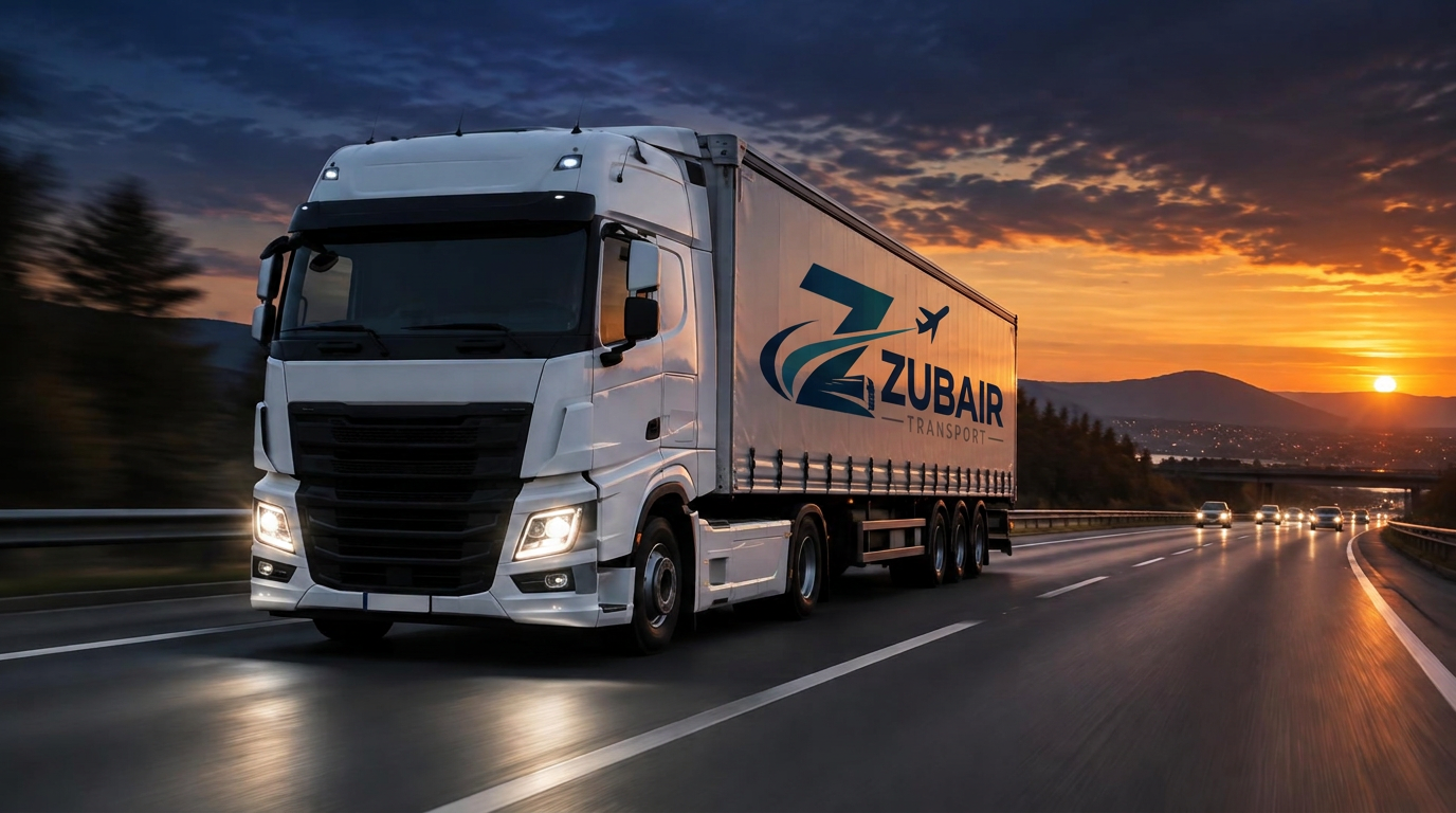 Truck with the Zubair Transport Ltd logo printed on its curtain side on a European motorway